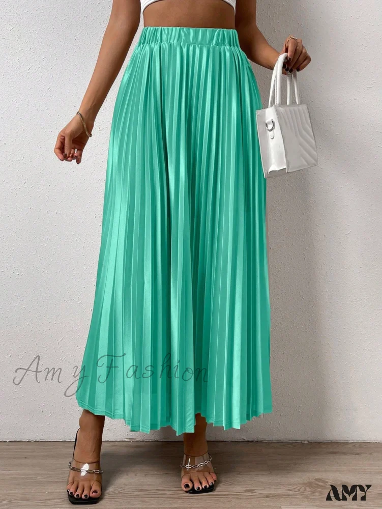 Amy Fashion - Solid Elastic Waist Pleated Skirt - Image 10