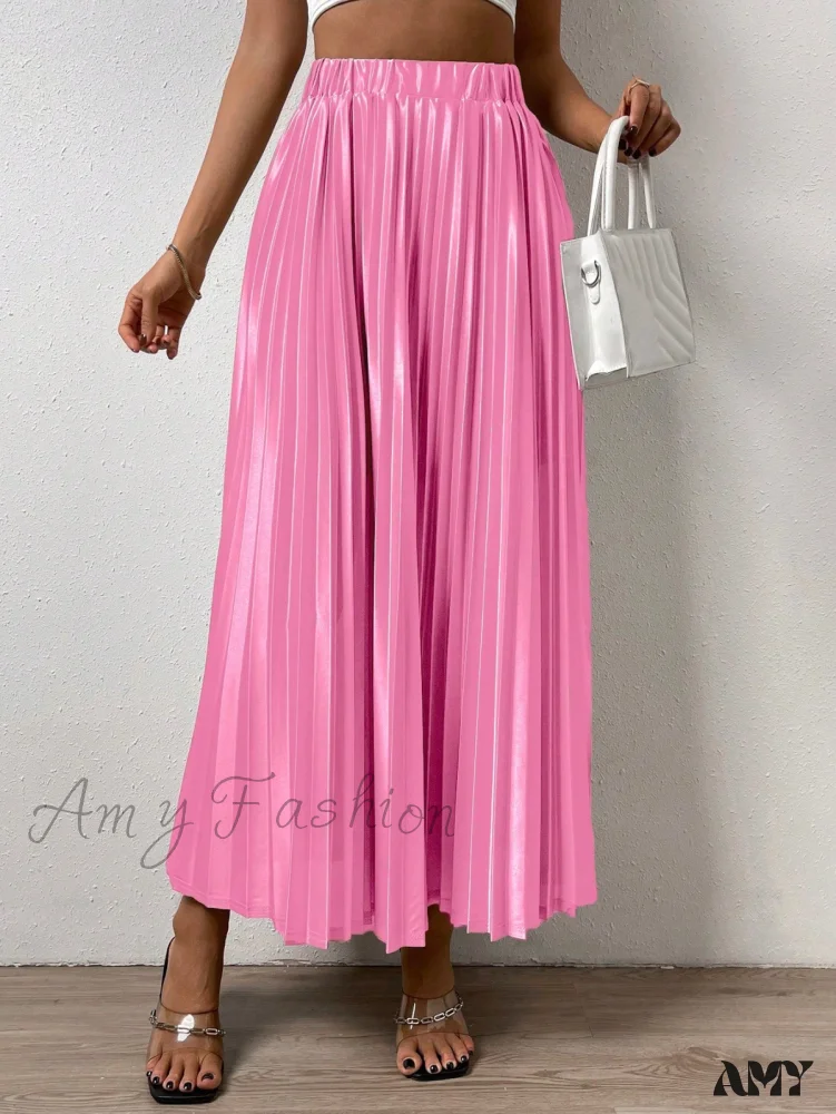 Amy Fashion - Solid Elastic Waist Pleated Skirt - Image 12