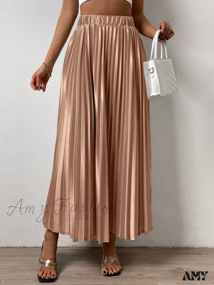 Amy Fashion - Solid Elastic Waist Pleated Skirt - Image 14