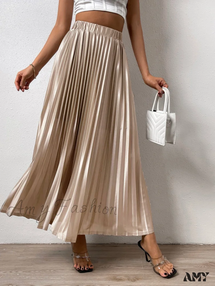 Amy Fashion - Solid Elastic Waist Pleated Skirt - Image 3
