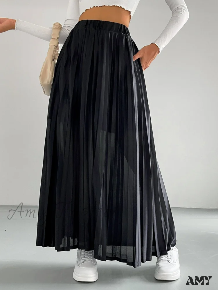 Amy Fashion - Solid Elastic Waist Pleated Skirt - Image 7