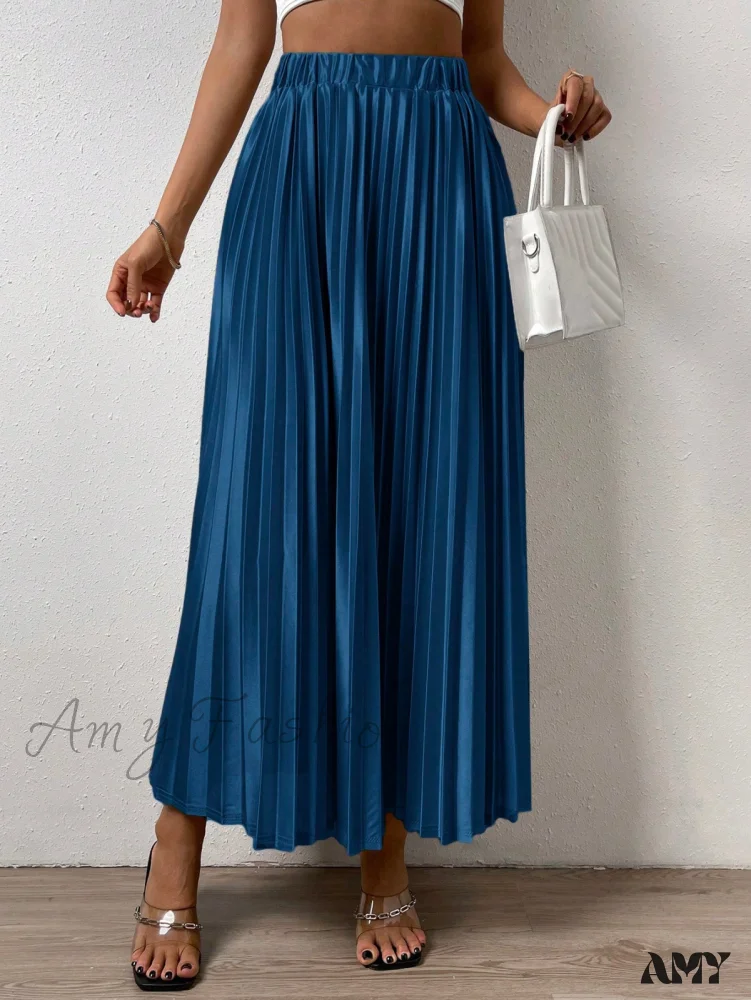 Amy Fashion - Solid Elastic Waist Pleated Skirt - Image 8