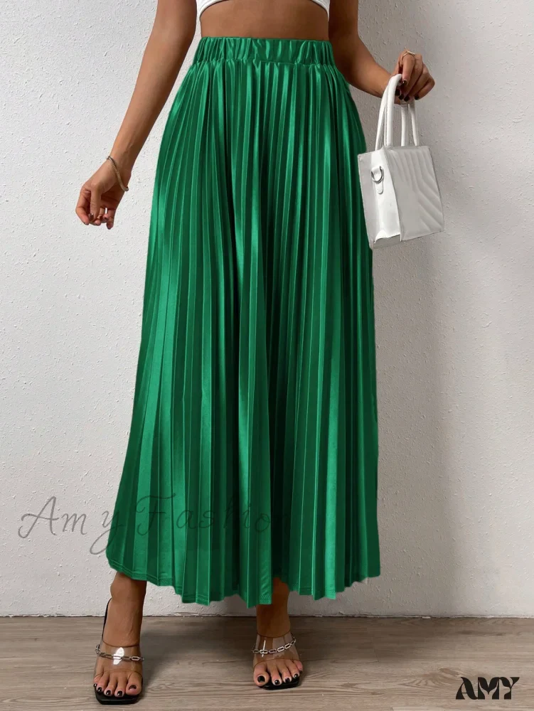 Amy Fashion - Solid Elastic Waist Pleated Skirt - Image 9