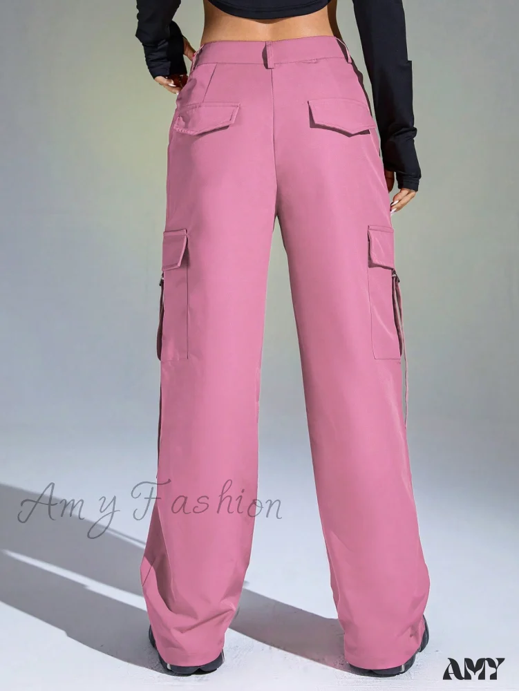 Amy Fashion - Solid Flap Pocket Cargo Pants - Image 2