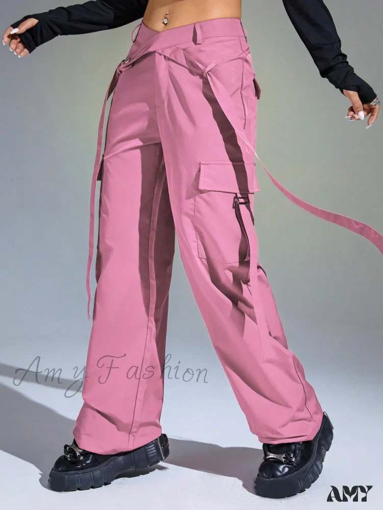Amy Fashion - Solid Flap Pocket Cargo Pants - Image 3