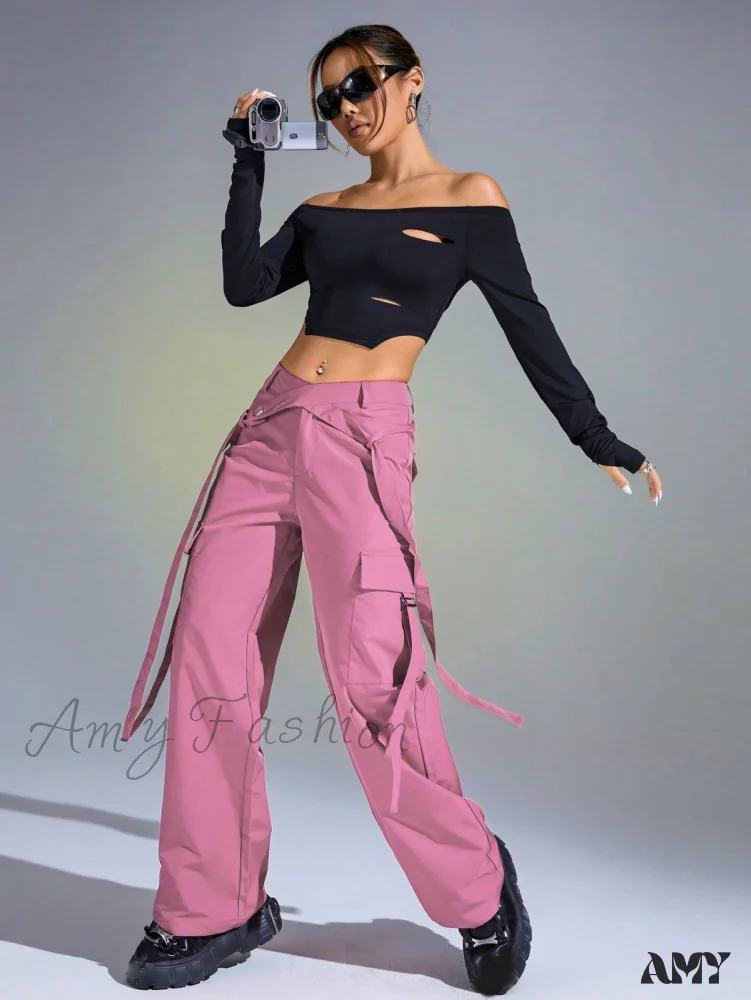 Amy Fashion - Solid Flap Pocket Cargo Pants - Image 4