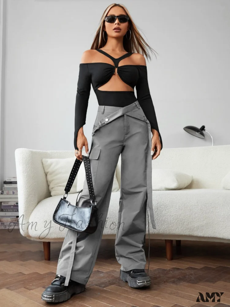 Amy Fashion - Solid Flap Pocket Cargo Pants - Image 5