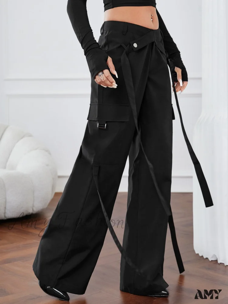 Amy Fashion - Solid Flap Pocket Cargo Pants - Image 6