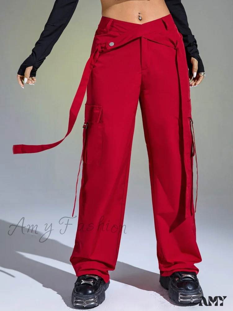 Amy Fashion - Solid Flap Pocket Cargo Pants - Image 7