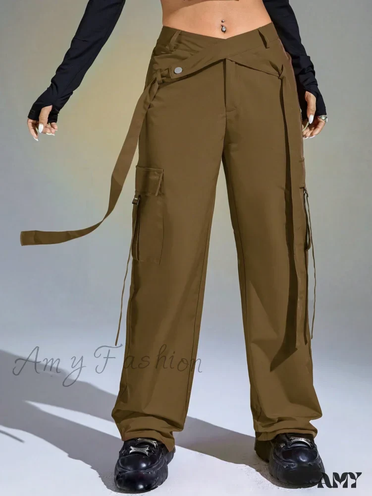 Amy Fashion - Solid Flap Pocket Cargo Pants - Image 9