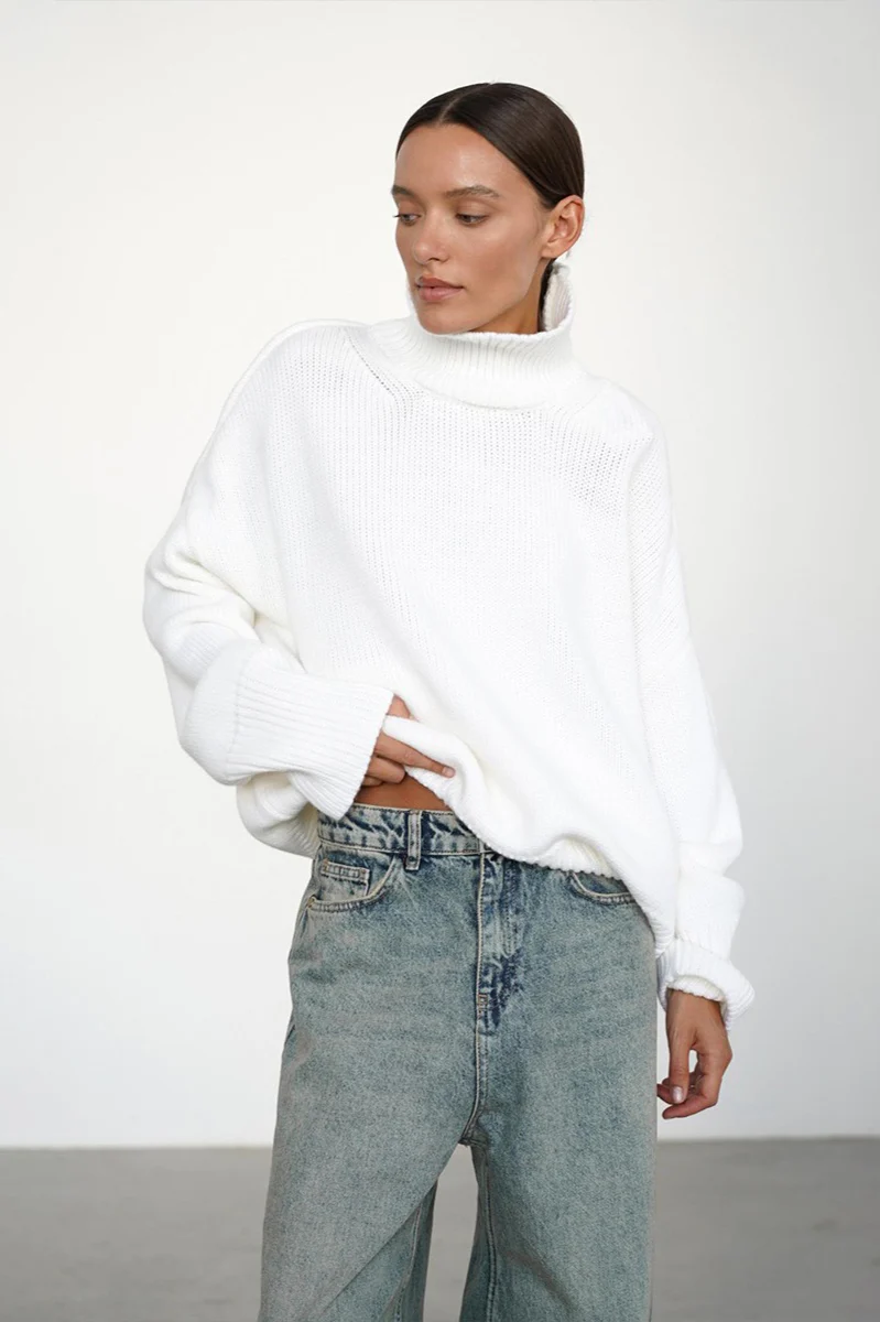 Solid High Neck Slouchy Slim-Fit Knit Sweater - Image 4