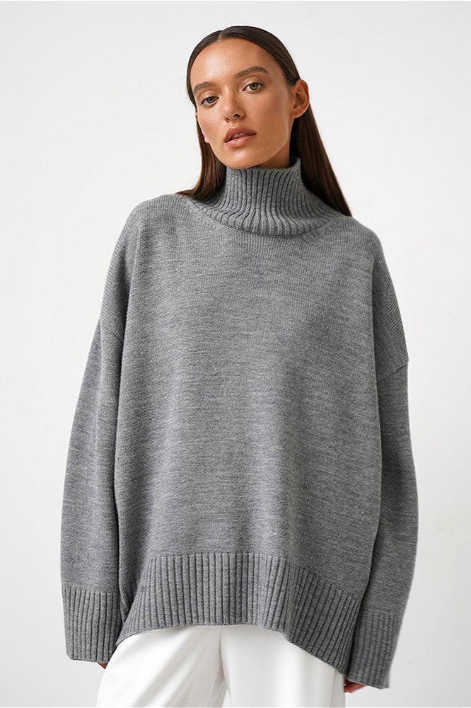 Solid High Neck Slouchy Slim-Fit Knit Sweater - Image 5