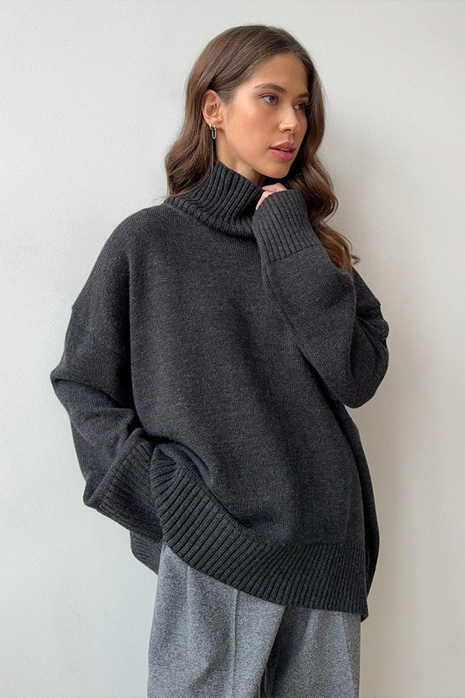Solid High Neck Slouchy Slim-Fit Knit Sweater - Image 6