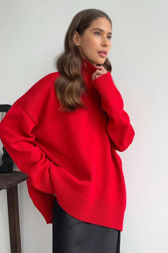 Solid High Neck Slouchy Slim-Fit Knit Sweater - Image 7