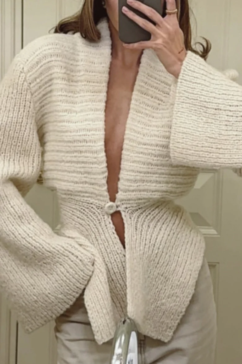 Solid Retro V Neck Asymmetric Hem Knit Cardigan - Image 2