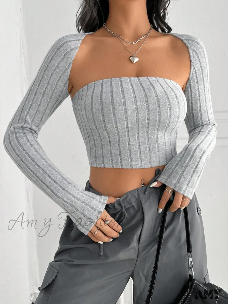 Amy Fashion - Solid Ribbed Knit Crop Tube Top & Bolero - Image 4