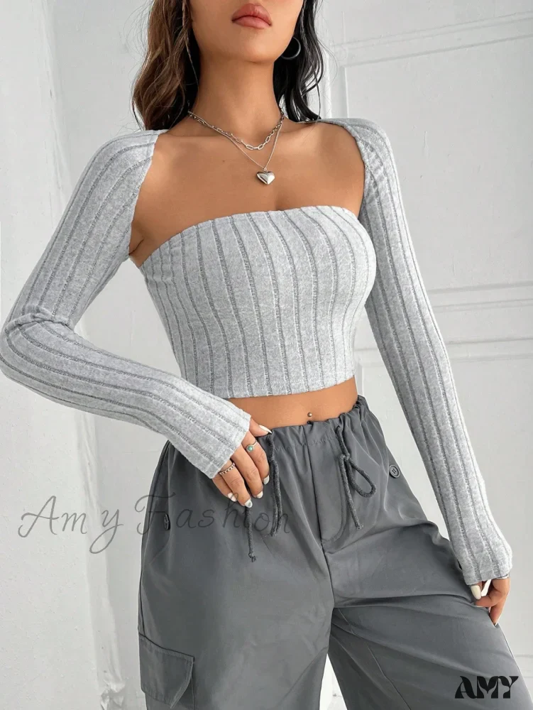 Amy Fashion - Solid Ribbed Knit Crop Tube Top & Bolero - Image 5