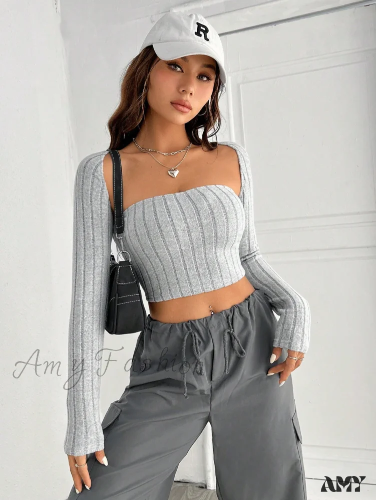 Amy Fashion - Solid Ribbed Knit Crop Tube Top & Bolero - Image 6
