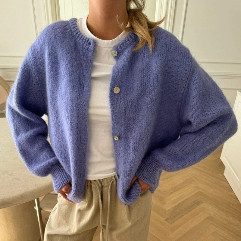 Solid Round Neck Single Breasted Cardigan - Image 2