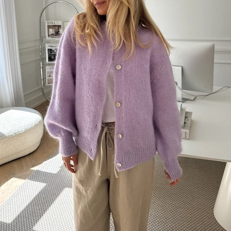 Solid Round Neck Single Breasted Cardigan - Image 3