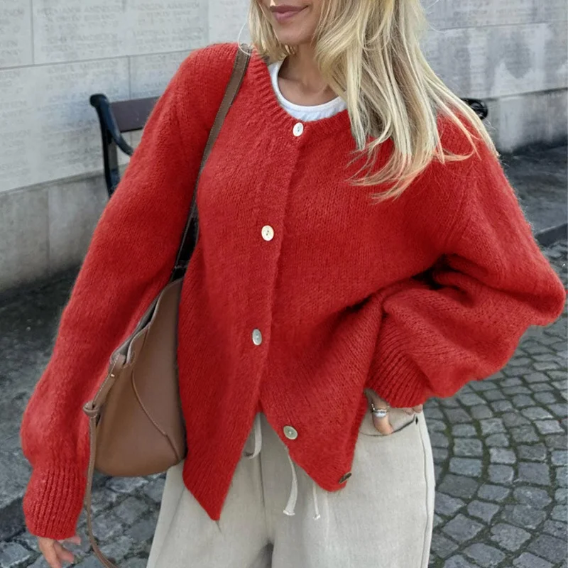 Solid Round Neck Single Breasted Cardigan - Image 5