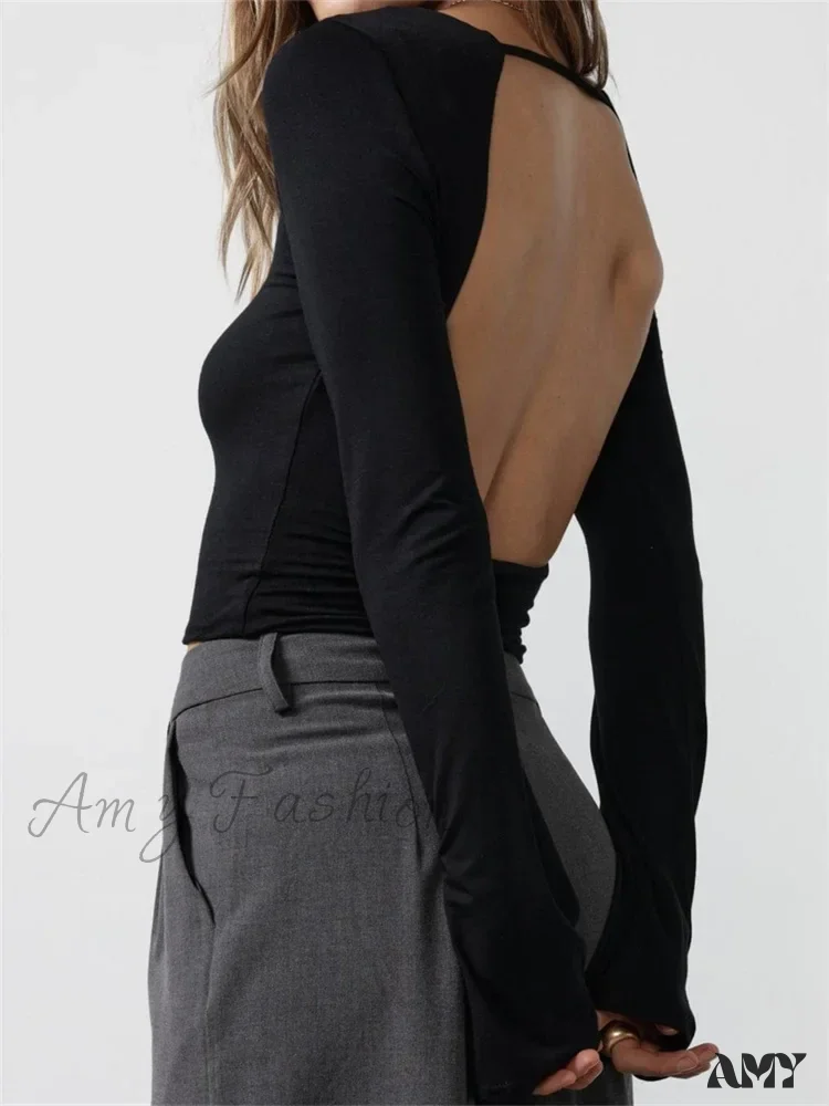 Amy Fashion - Solid Slim Fit Basic Backless Flare Sleeve T-Shirts - Image 4