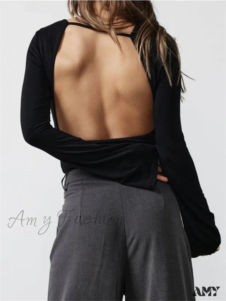 Amy Fashion - Solid Slim Fit Basic Backless Flare Sleeve T-Shirts - Image 6