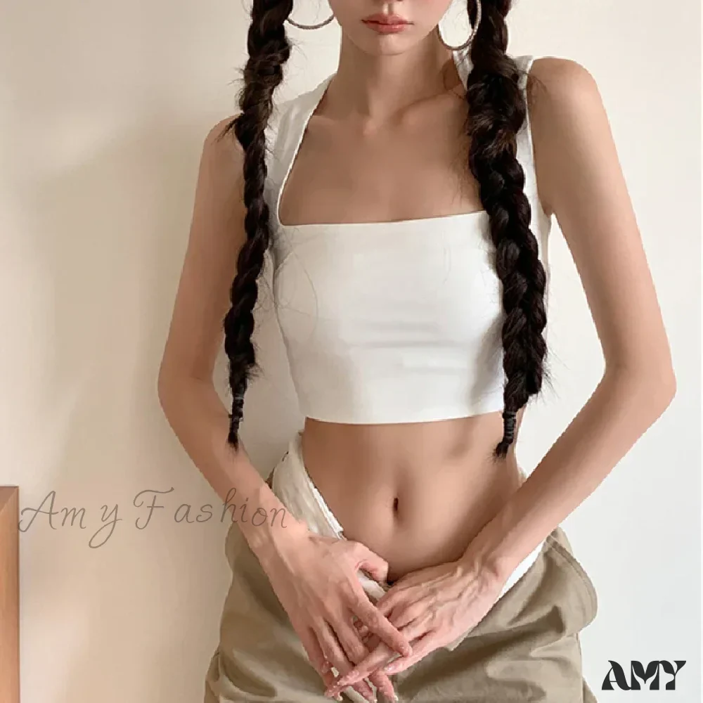 Solid Square Collar Casual Sleeveless Slim White Basic Summer Vintage Crop Top - Image 2