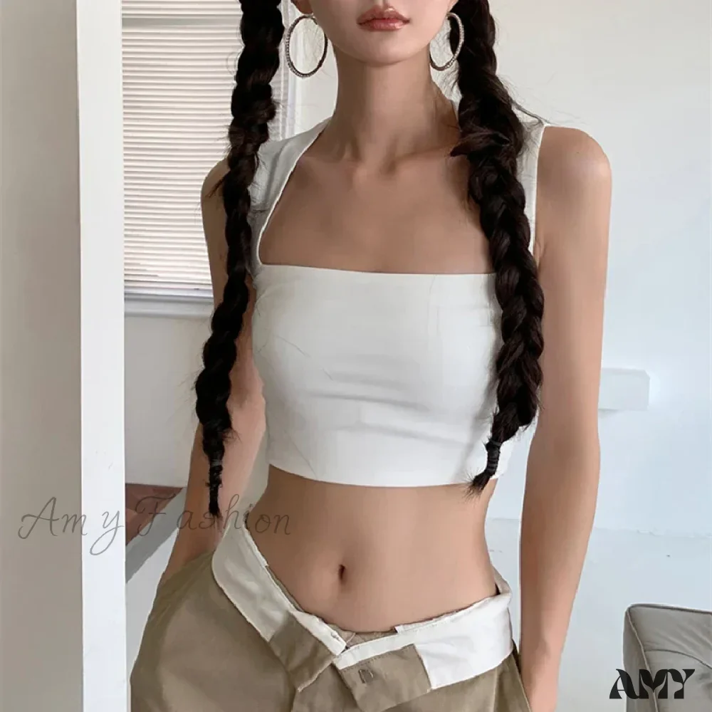 Solid Square Collar Casual Sleeveless Slim White Basic Summer Vintage Crop Top - Image 3