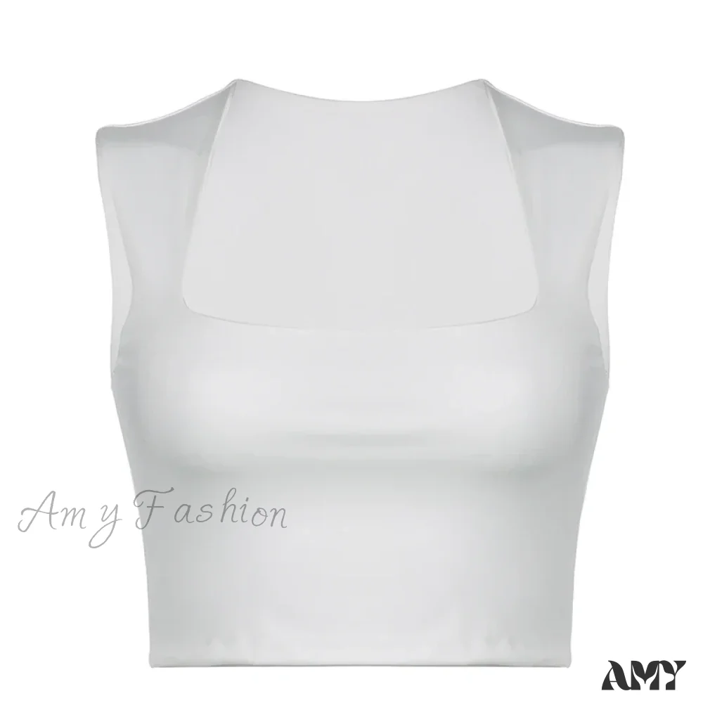 Solid Square Collar Casual Sleeveless Slim White Basic Summer Vintage Crop Top - Image 4