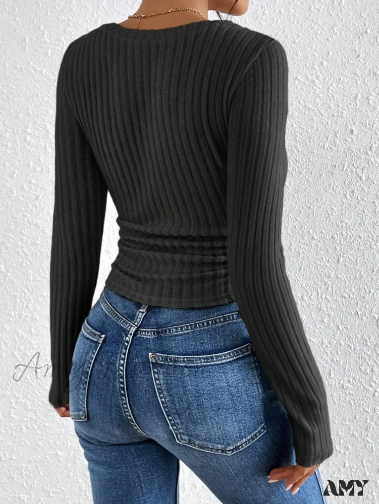 Amy Fashion - Solid V Neck Ribbed Knit Tee - Image 2