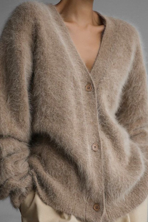 Solid V Neck Soft Mink Fleece Loose Knit Cardigan - Image 2