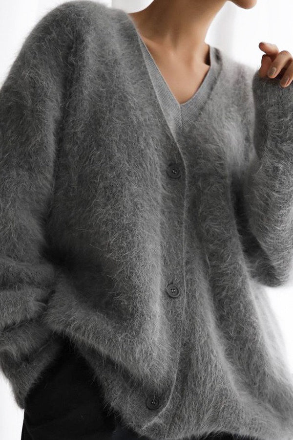 Solid V Neck Soft Mink Fleece Loose Knit Cardigan - Image 3