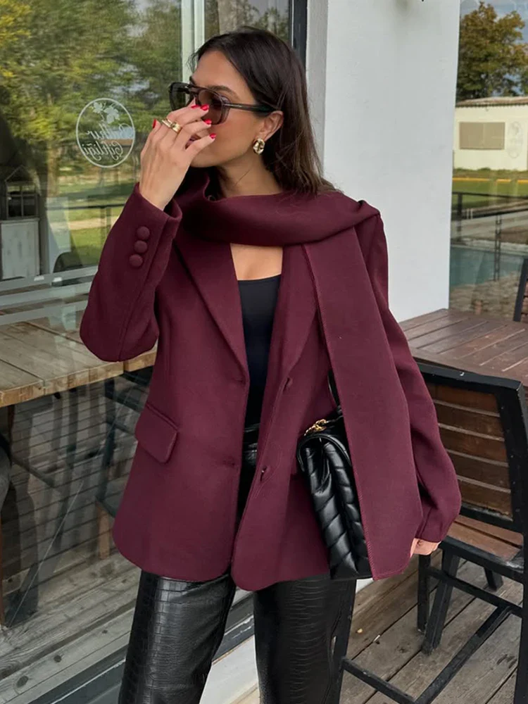 Solid Woolen Blazer With Scarf Coat - Image 2