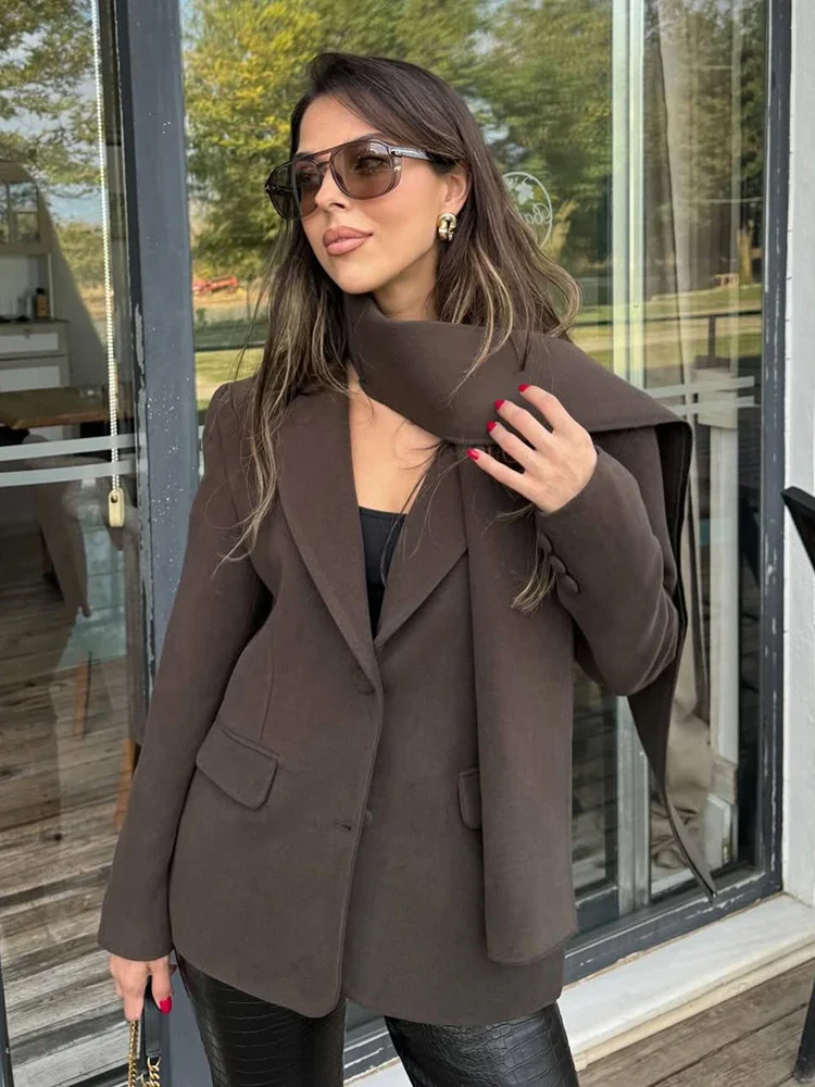 Solid Woolen Blazer With Scarf Coat - Image 4