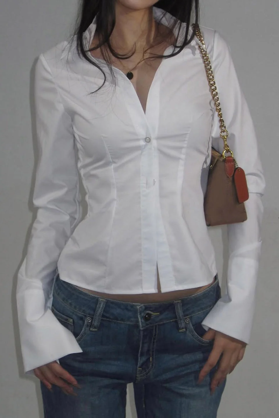 Solid Woven Slim Collared Button-Front Blouse - Image 4