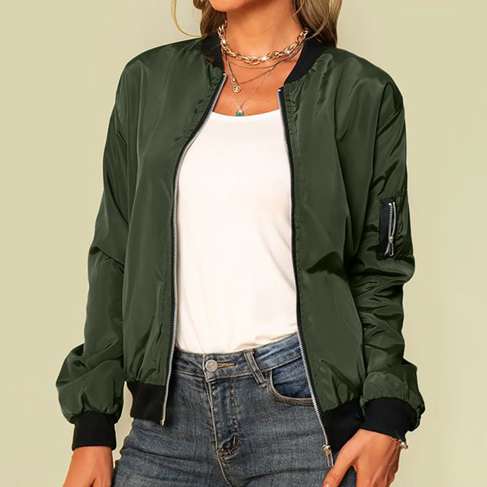 Solid Zipper Stand Collar Spring Coat - Image 3