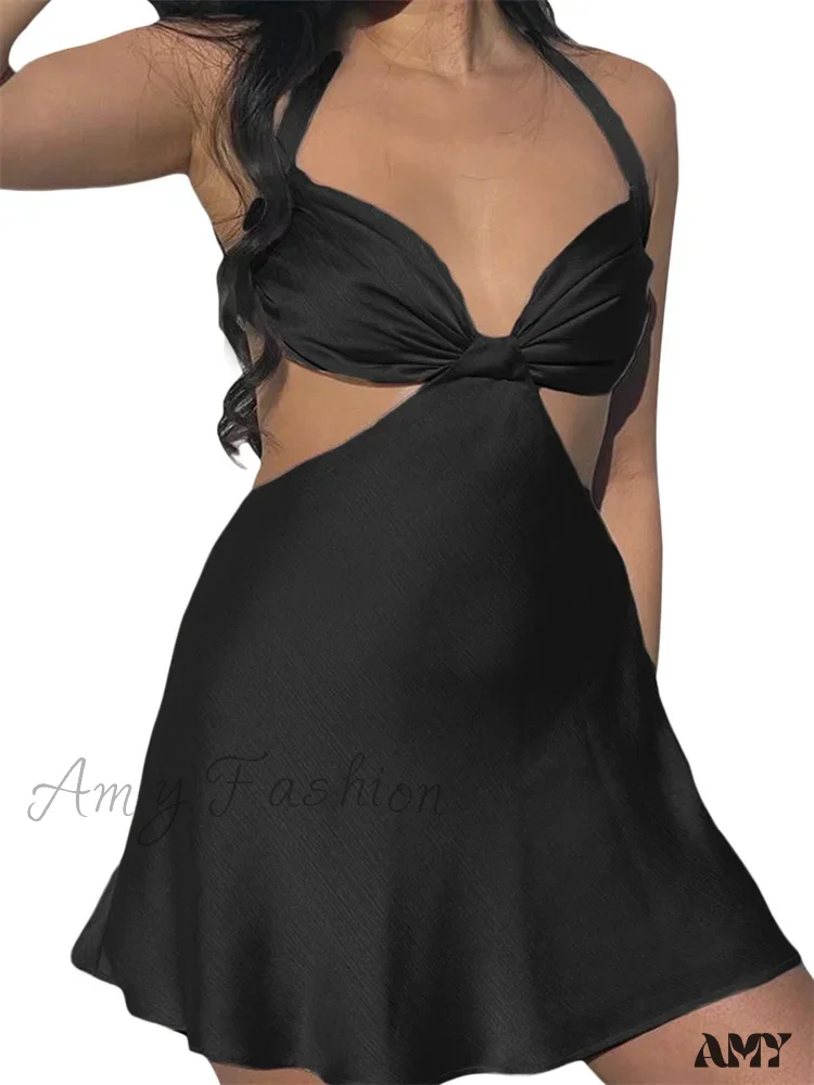 Amy Fashion - Spaghetti Strap Backless Satin Halter Hollow Out Mini Dress - Image 10
