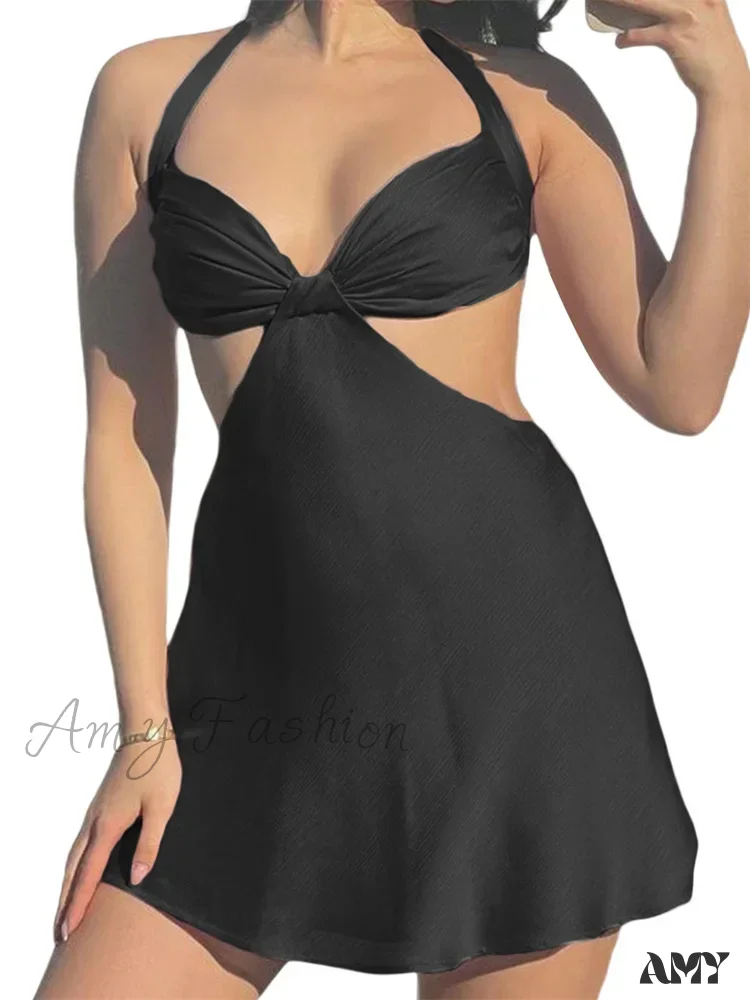 Amy Fashion - Spaghetti Strap Backless Satin Halter Hollow Out Mini Dress - Image 3