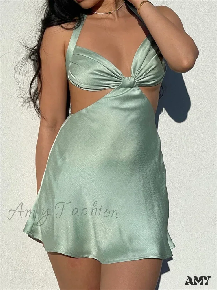 Amy Fashion - Spaghetti Strap Backless Satin Halter Hollow Out Mini Dress - Image 6