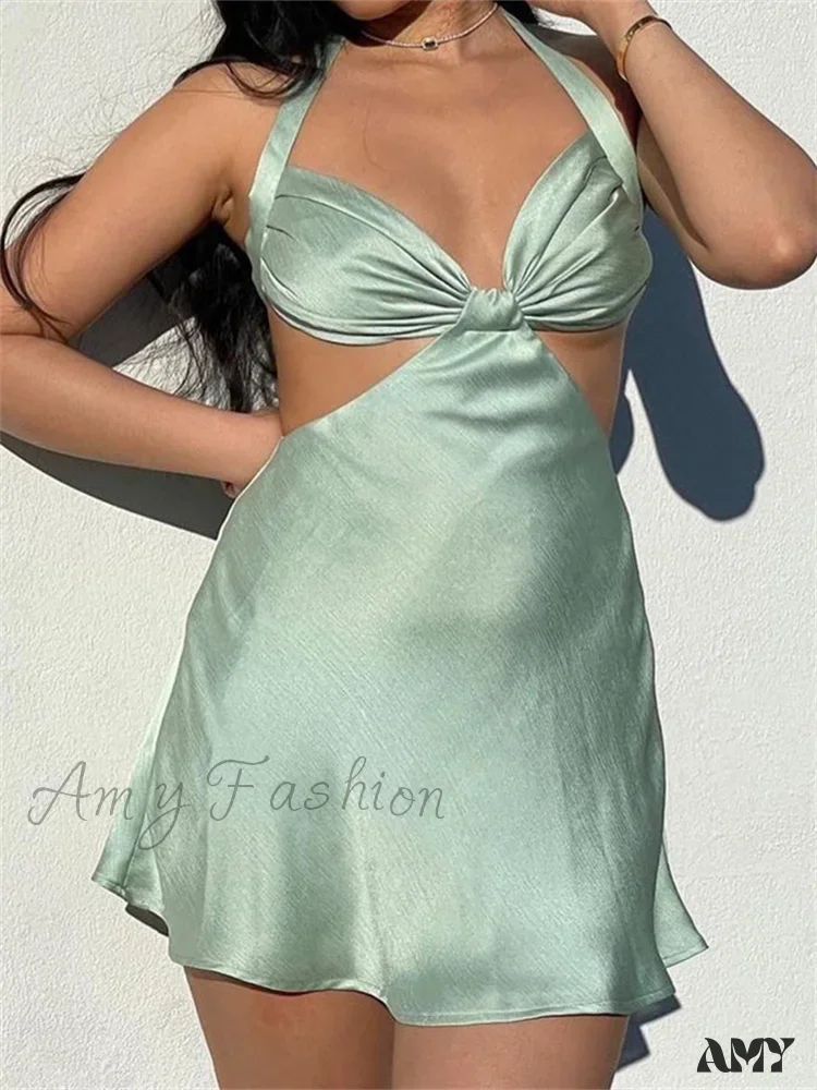 Amy Fashion - Spaghetti Strap Backless Satin Halter Hollow Out Mini Dress - Image 9