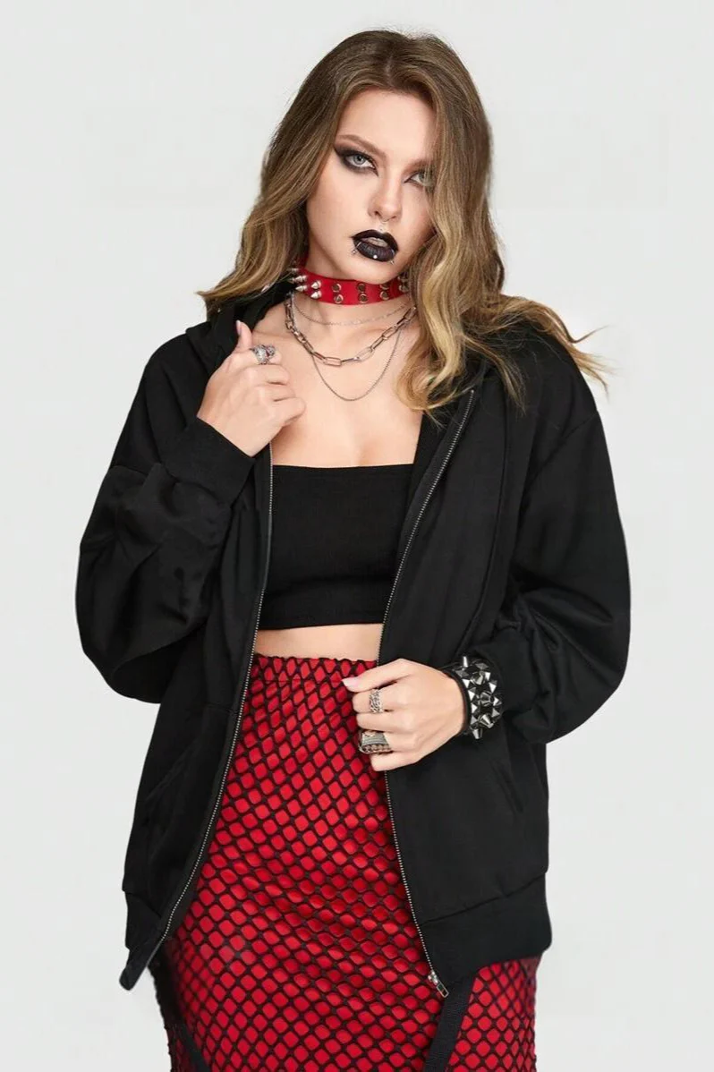 Spider Web Letter Print Punk Zip Hoodie
