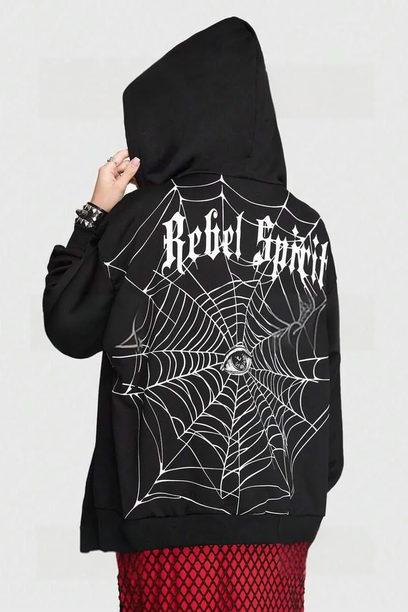 Spider Web Letter Print Punk Zip Hoodie - Image 2