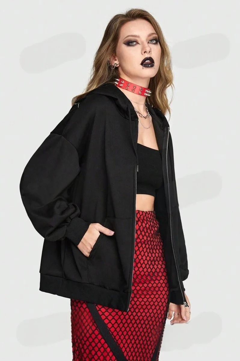 Spider Web Letter Print Punk Zip Hoodie - Image 4