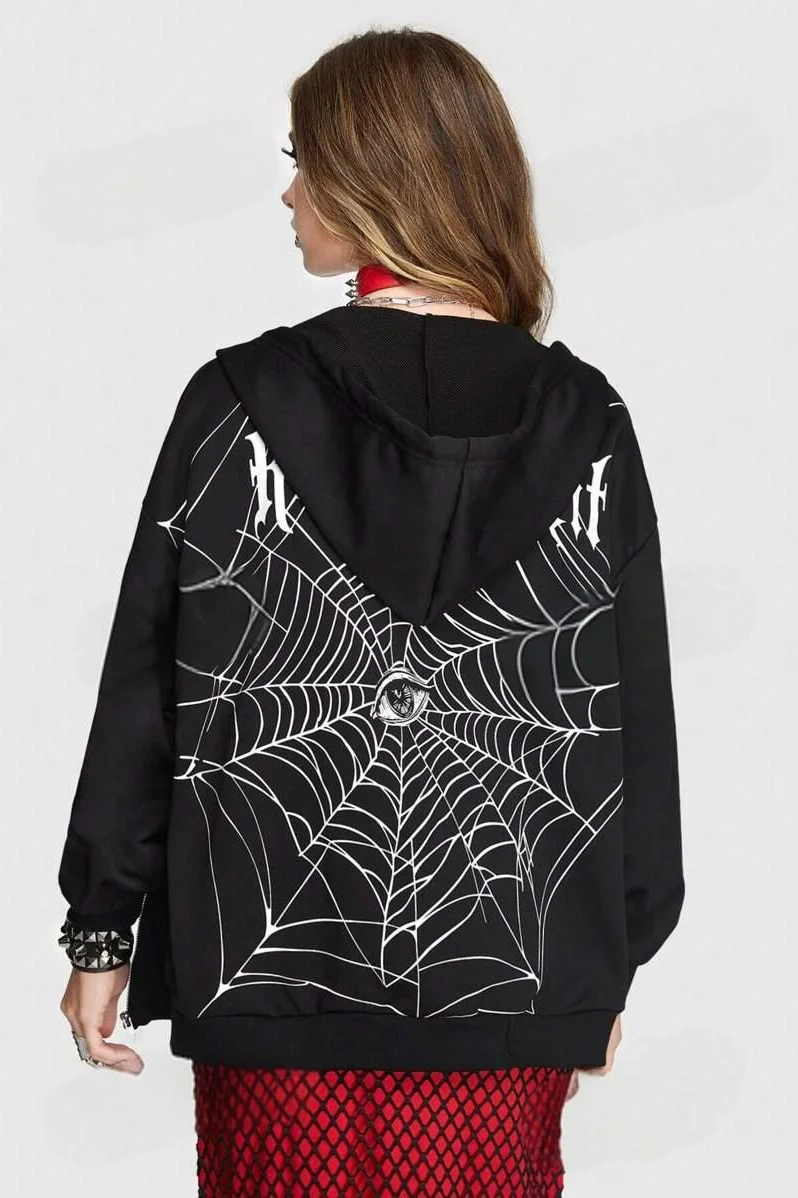 Spider Web Letter Print Punk Zip Hoodie - Image 5