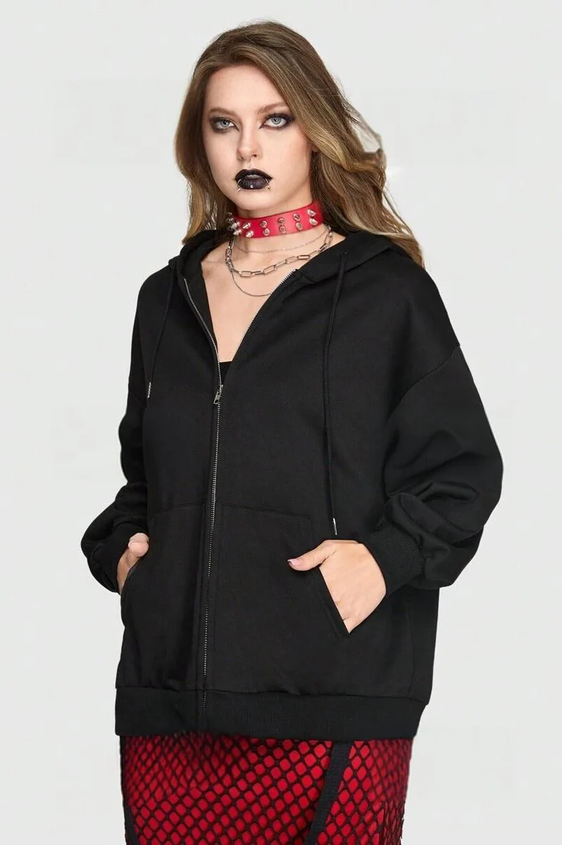 Spider Web Letter Print Punk Zip Hoodie - Image 6
