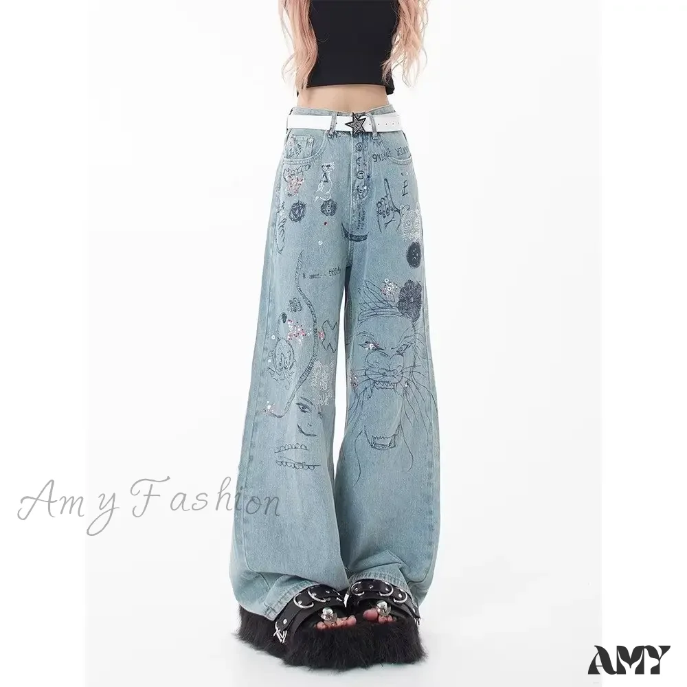 Amy Fashion - Spring and Autumn New Small Market Design Sense Personalized Print Graffiti Straight Women's Jean - Image 2