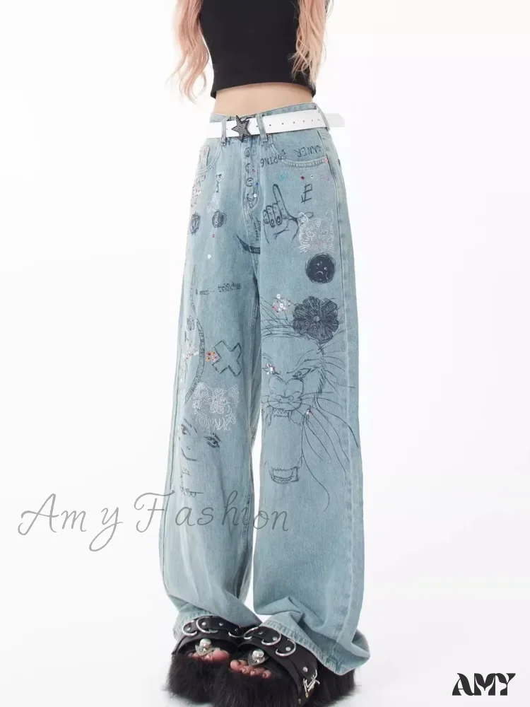 Amy Fashion - Spring and Autumn New Small Market Design Sense Personalized Print Graffiti Straight Women's Jean - Image 3
