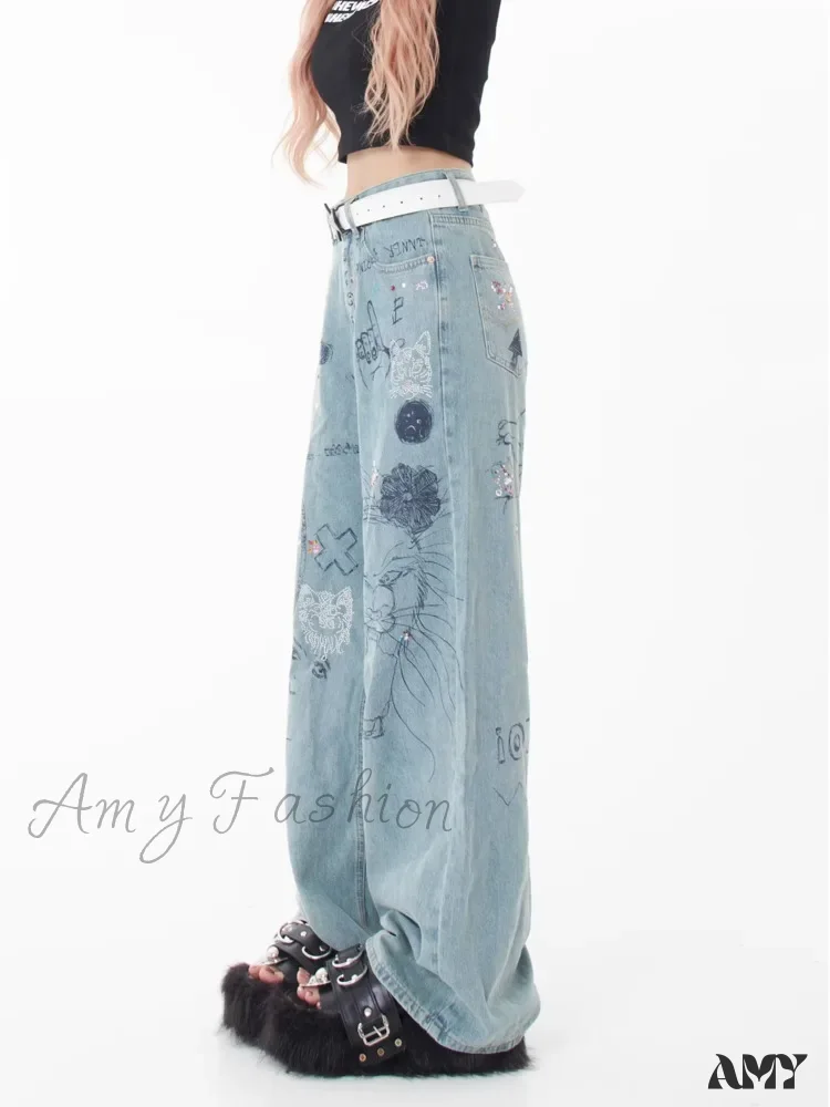 Amy Fashion - Spring and Autumn New Small Market Design Sense Personalized Print Graffiti Straight Women's Jean - Image 4