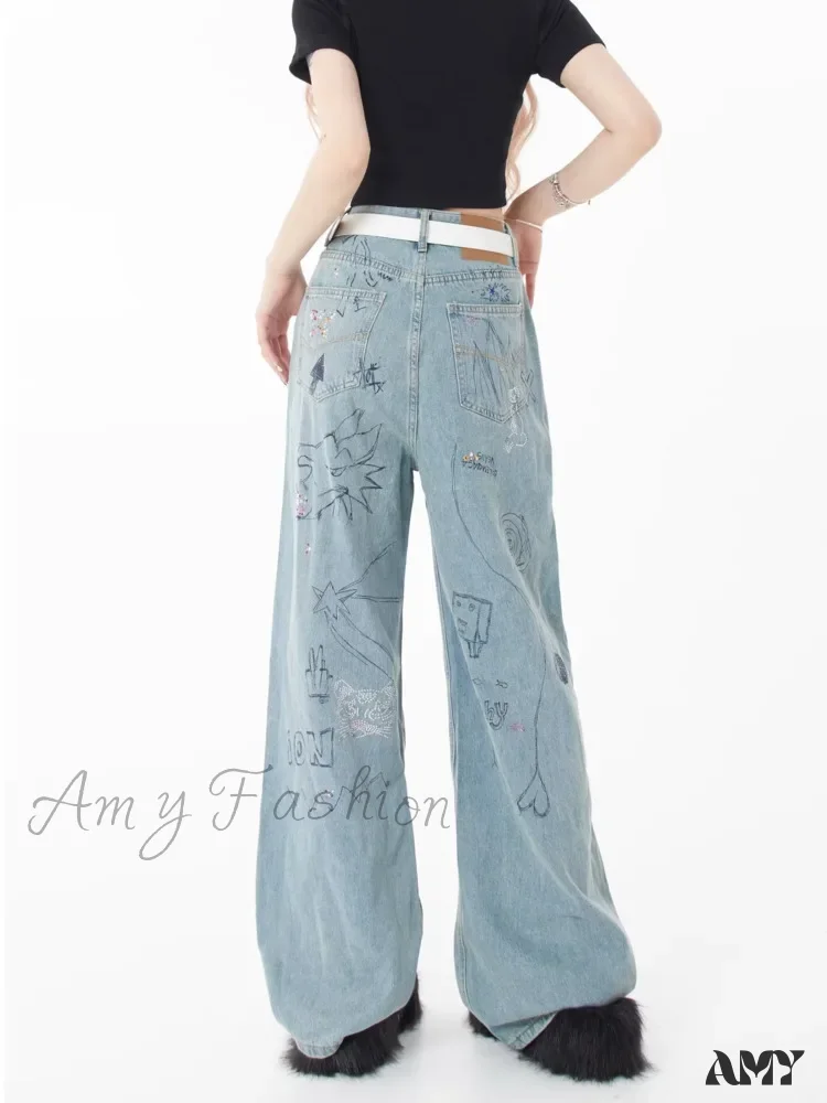 Amy Fashion - Spring and Autumn New Small Market Design Sense Personalized Print Graffiti Straight Women's Jean - Image 5